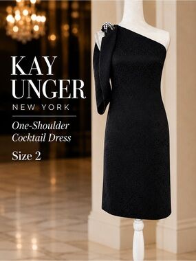 Kay Unger New York Black One Shoulder Jeweled Cocktail Dress Size 2